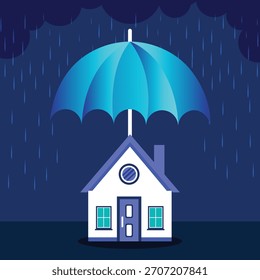 Casa protegida por el paraguas de la lluvia concepto de seguro de hogar, gestión de riesgos, residencial, bienes raíces, seguridad financiera