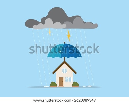 House protect by umbrella from raining storm concept home insurance, risk management, residential, real estate financial security, saving money from emergency disaster payment vector illustration.