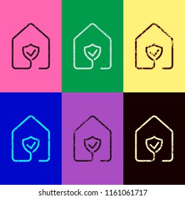 house with protect icon. line style. Pop art style. Scratched icons on 6 colour backgrounds. Seamless pattern
