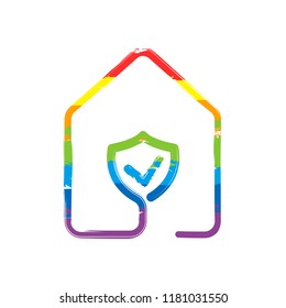 house with protect icon. line style. Drawing sign with LGBT style, seven colors of rainbow (red, orange, yellow, green, blue, indigo, violet