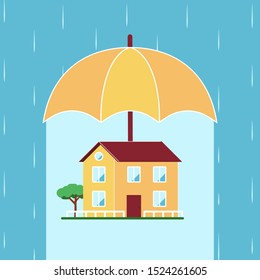 The house is protected by an umbrella in the rain. Vector illustration in flat style.