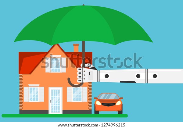 The house is protected. Hand with umbrella\
protects the house from the environment. The hand of the robot\
holds an umbrella over the house and\
car.