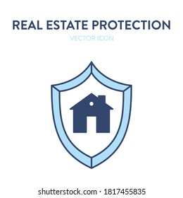 House protection icon. Vector illustration of a shield with a residential building image on it. Represents concept of safe house, home alarm, protection and safety in the living place
