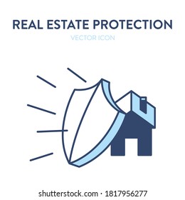 House protection icon. Vector illustration of a residential building protected by a shield. Represents concept of safe house, home safety and protection, home alarm