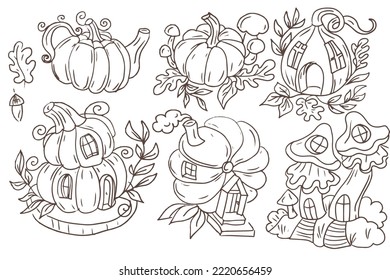 
House pumpkin fabulous magical children's cartoon character forest mushrooms leaves hand drawn sketch doodle graphics separately on a white background