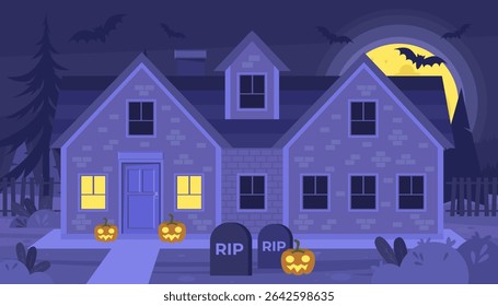 House with pumpkins and graveyard. Halloween concept. Big moon and bats. Vector illustration in a flat style