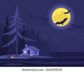 House with pumpkins and graveyard. Halloween concept. Big moon and bats. Vector illustration in a flat style