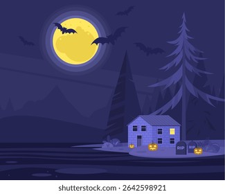House with pumpkins and graveyard. Halloween concept. Big moon and bats. Vector illustration in a flat style