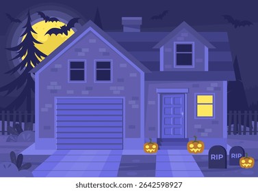 House with pumpkins and graveyard. Halloween concept. Big moon and bats. Vector illustration in a flat style