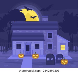 House with pumpkins and graveyard. Halloween concept. Big moon and bats. Vector illustration in a flat style