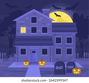 House with pumpkins and graveyard. Halloween concept. Big moon and bats. Vector illustration in a flat style