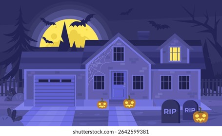 House with pumpkins and graveyard. Halloween concept. Big moon and bats. Vector illustration in a flat style