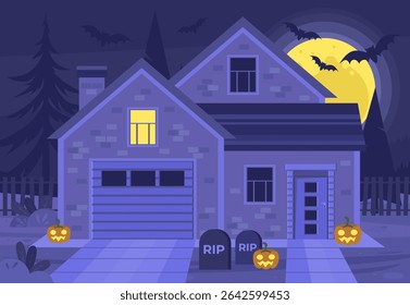 House with pumpkins and graveyard. Halloween concept. Big moon and bats. Vector illustration in a flat style