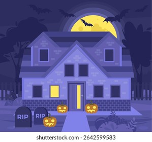 House with pumpkins and graveyard. Halloween concept. Big moon and bats. Vector illustration in a flat style