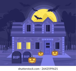 House with pumpkins and graveyard. Halloween concept. Big moon and bats. Vector illustration in a flat style