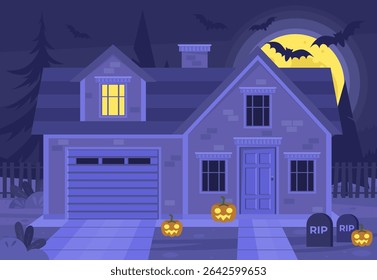 House with pumpkins and graveyard. Halloween concept. Big moon and bats. Vector illustration in a flat style