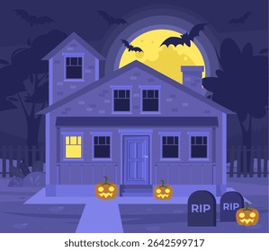 House with pumpkins and graveyard. Halloween concept. Big moon and bats. Vector illustration in a flat style