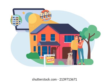 House purchase. Family moves into apartment. Mobile app for finding new home. Real estate agency. Mortgage lending. Sell property. Couple buying residential building