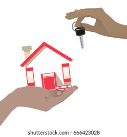 House purchase sale, rent, mortgage concept. Hand with keys and house. Vector illustration for your design. On white background.