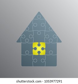 House Puzzle 4 Pieces.
Jigsaw. Vector Puzzle Object. Blue Grey Colored Puzzles Pieces - Vector Illustration.
 Puzzle Construction, Renting, Leasing, Mortgage, Family. Yellow Window Puzzle.