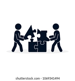 House puzzle icon, vector. Men complete puzzle parts of house, business building concept illustration.