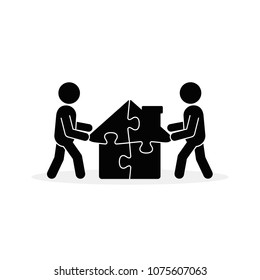 House puzzle icon, vector. Two Men complete puzzle parts of house, business building concept illustration.