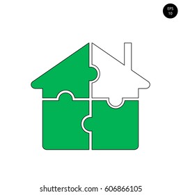 house puzzle section, a house divided into four equal parts, vector, green