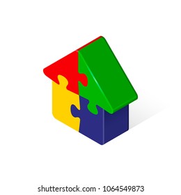 House from puzzles isometric illustration, Vector home color symbol.