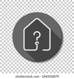 house with question mark icon. line style. White flat icon with long shadow in circle on transparent background