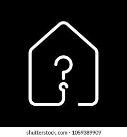 house with question mark icon. line style. White icon on black background. Inversion
