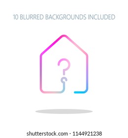 house with question mark icon. line style. Colorful logo concept with simple shadow on white. 10 different blurred backgrounds included