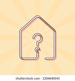 house with question mark icon. line style. Vintage retro typography with offset printing effect. Dots poster with comics pop art background