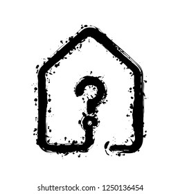 house with question mark icon. line style. Black ink with splashes on white background