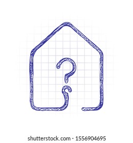 house with question mark icon. line style. Hand drawn sketched picture with scribble fill. Blue ink. Doodle on white background
