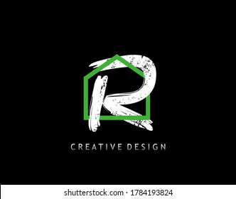 House R Letter Logo. Green House Shape Interlock With Grungy Letter R Design, Real Estate Architecture Construction Icon Design.