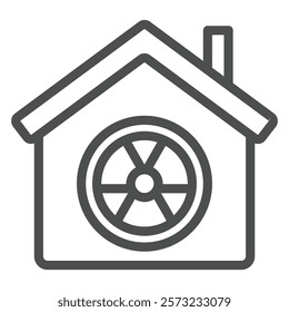 House with radiation seal line icon, atomic energy concept. Vector graphics. Cottage building and radioactivity danger sign on white background, outline style icon for mobile or web design