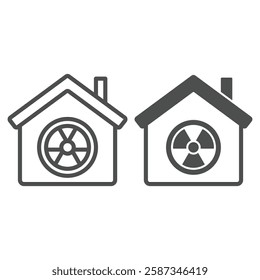 House with radiation seal line and solid icon, atomic energy concept. Vector graphics. Cottage building and radioactivity danger sign on white background, outline style icon for mobile or web design