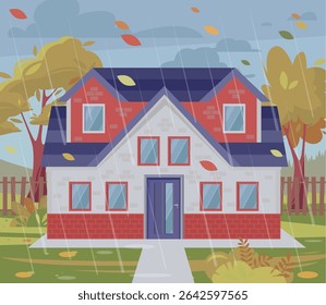 Maison sous la pluie. Jour nuageux et pluvieux. Paysage d'automne venteux. Illustration vectorielle à plat