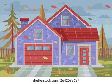 House in the rain. Cloudy rainy day. Autumn windy landscape. Vector illustration in a flat style