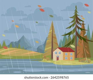 Maison sous la pluie. Jour nuageux et pluvieux. Paysage d'automne venteux. Illustration vectorielle à plat