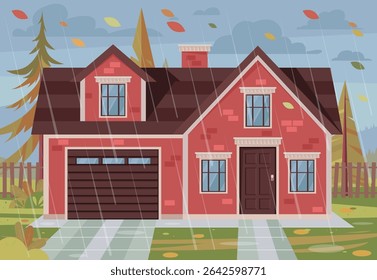 Maison sous la pluie. Jour nuageux et pluvieux. Paysage d'automne venteux. Illustration vectorielle à plat