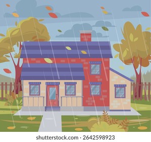 Maison sous la pluie. Jour nuageux et pluvieux. Paysage d'automne venteux. Illustration vectorielle à plat