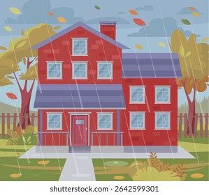 Maison sous la pluie. Jour nuageux et pluvieux. Paysage d'automne venteux. Illustration vectorielle à plat