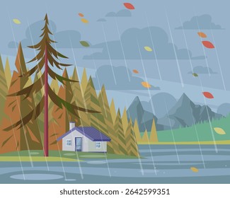 Maison sous la pluie. Jour nuageux et pluvieux. Paysage d'automne venteux. Illustration vectorielle à plat