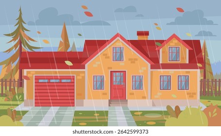Maison sous la pluie. Jour nuageux et pluvieux. Paysage d'automne venteux. Illustration vectorielle à plat
