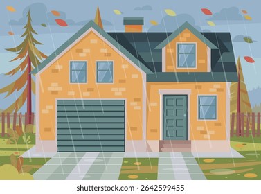 Maison sous la pluie. Jour nuageux et pluvieux. Paysage d'automne venteux. Illustration vectorielle à plat