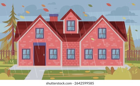 Maison sous la pluie. Jour nuageux et pluvieux. Paysage d'automne venteux. Illustration vectorielle à plat