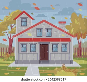Maison sous la pluie. Jour nuageux et pluvieux. Paysage d'automne venteux. Illustration vectorielle à plat