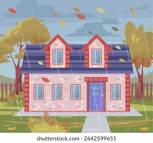 Maison sous la pluie. Jour nuageux et pluvieux. Paysage d'automne venteux. Illustration vectorielle à plat