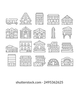 House Real Estate Collection Icons Set Vector. Bungalow On Water And Skyscraper Office Building, Cottage And Residence, Modern And Medieval House Contour Illustrations